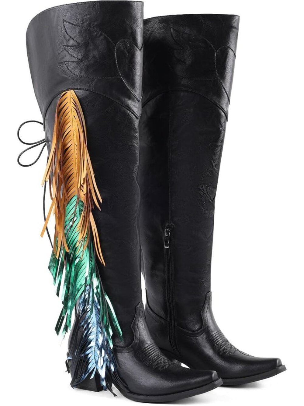 〽️Women's Knee-Calf Faux Fur Boots Black Faux Leather Furry Heel Pointed Toe